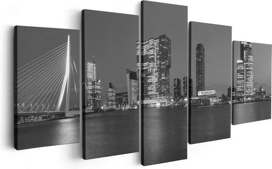 Artaza Canvas Schilderij Vijfluik Rotterdamse Skyline - Zwart Wit - 200x100 - Groot - Foto Op Canvas - Canvas Print