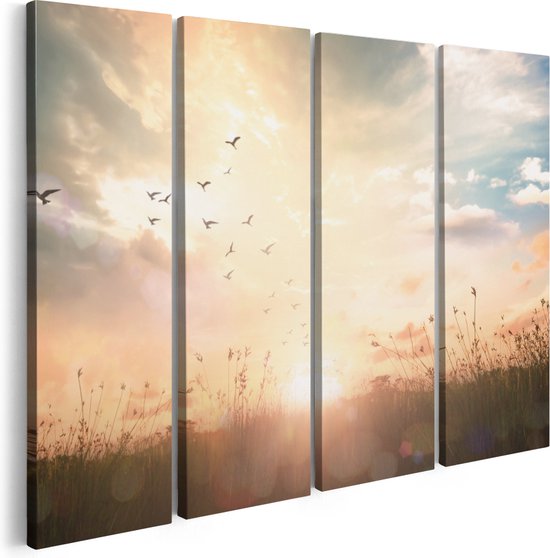Artaza Canvas Schilderij Vierluik Silhouet Vogels Tijdens Zonsopkomst - 160x120 - Groot - Foto Op Canvas - Canvas Print