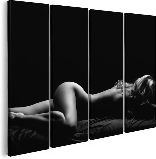Artaza Canvas Schilderij Vierluik Vrouw Naakt in Bed - Erotiek - Zwart Wit - 120x90 - Foto Op Canvas - Canvas Print