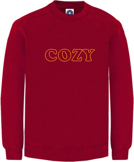 Huissweater - Huistrui - Sweater - Rood - NEON ORANJE tekst COZY - ruimzittend - Large