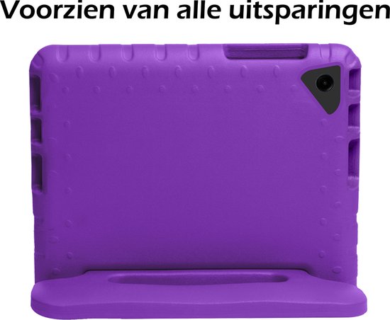 Paarse kindvriendelijke tablethoes met handvat en stand. "Voorzien van alle uitsparingen".