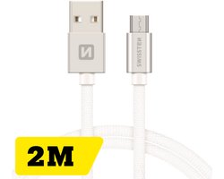 Swissten Lange Micro‑USB Oplaadkabel 2 meter – voor Samsung, Android, Powerbank & PS4 Controller – USB‑A Kabel – Zilver