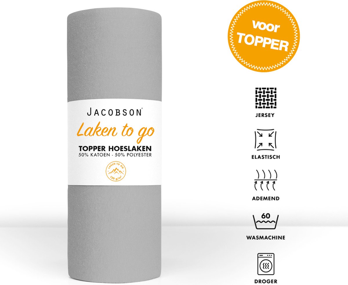 Jacobson - Hoeslaken Topper - 180x200cm - Jersey Katoen - tot 12cm matrasdikte - Grijs - JACOBSON