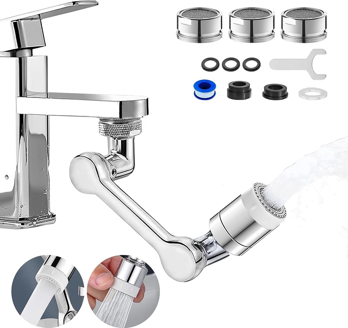 Draaibare kraanopzetstuk, 1080° draaibare multifunctionele verlengkraan, draaibare waterkraan, straalregelaar met 2 sproeimodi, universele perlatoren voor kranen, keuken/badkamer