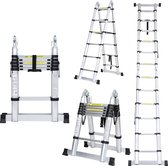 Telescopische Vouwladder - Telescopische Ladders - Soft Close - Werkhoogte 1,9+1,9 m - zilverachtig met stabilisator + wielen