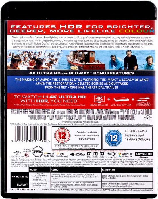 Achterkant van de Jaws 45th Anniversary Edition 4K Ultra HD + Blu-ray met details over de film en bonusfuncties, waaronder "4K ULTRA HD + BLU-RAY BONUS FEATURES" en "TO WATCH IN 4K ULTRA HD WITH HDR, YOU NEED".