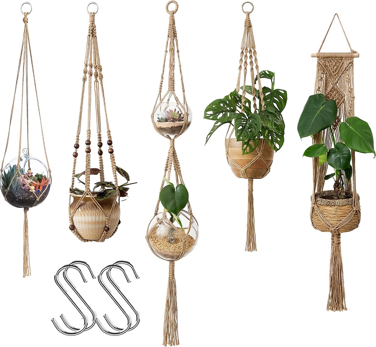 5 Stuks Luxe Jute Plantenhangers - Boho Handgeweven Katoen Hangpot voor Binnen/Buiten - Hangende Bloempot met Kralen - Macramé Touw/Koord Hangplant Houder - Bohemian Wandhanger Decoratie - Plant Hanger - Verticale Tuin Bloempothouder Planthanger