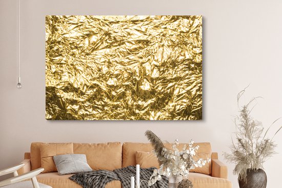 Canvas schilderij 150x100 cm - Wanddecoratie Gouden folie met een gerimpelde textuur - Muurdecoratie woonkamer - Slaapkamer decoratie - Kamer accessoires - Schilderijen