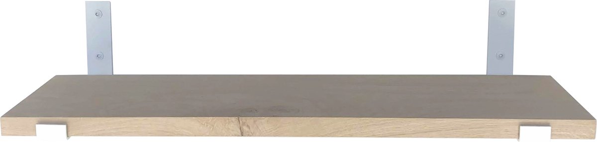 GoudmetHout Wandplank Industrieel - 220 x 25 cm Muurplank - Licht Eiken Hout - Decoratie Wandrek & Boekenrek - Hangplank Keuken - Wall Shelf + 2 Mat Witte Plankdragers van Staal Licht eiken, mat wit