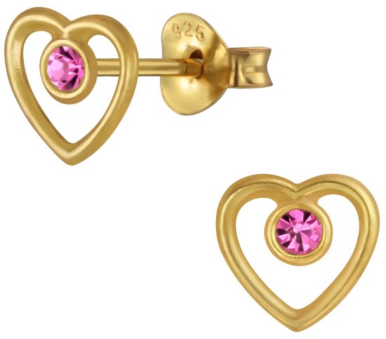 Joy|S - Zilveren hartje oorbellen - 7 mm - kristal roze - 14k goudplating