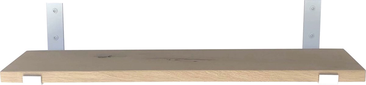 GoudmetHout - Massief eiken wandplank - 220 x 20 cm - Licht Eiken - Inclusief industriële plankdragers L-vorm UP MAT WIT - lange boekenplank