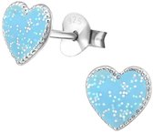 Joy|S - Zilveren hartje oorbellen - 7 mm - blauw glitter voor kinderen