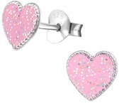 Joy|S - Zilveren hartje oorbellen - 7 mm -  roze met glitter - oorknoppen