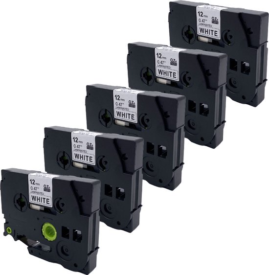 Vijf DULA TZE-231 label cassettes, 12mm, wit, met zwarte inkt.