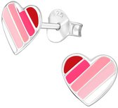 Joy|S - Zilveren hartje oorbellen - 7 mm - roze naar wit gestreept - oorknoppen
