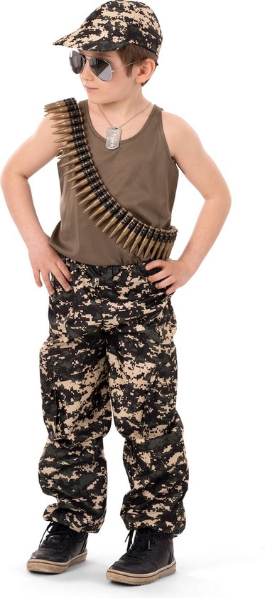 Funny Fashion - Leger & Oorlog Kostuum - Army Arnold - Jongen - Groen, Wit / Beige - Maat 140 - Carnavalskleding - Verkleedkleding