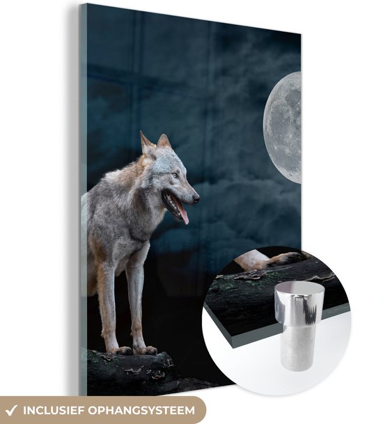 MuchoWow - Glasschilderij - Foto op glas - Acrylglas - Wilde dieren - Wolf - Maan - Bos - Natuur - 30x40 cm - Glasschilderij wolf - Schilderij glas - Glasschilderij dieren - Woonkamer