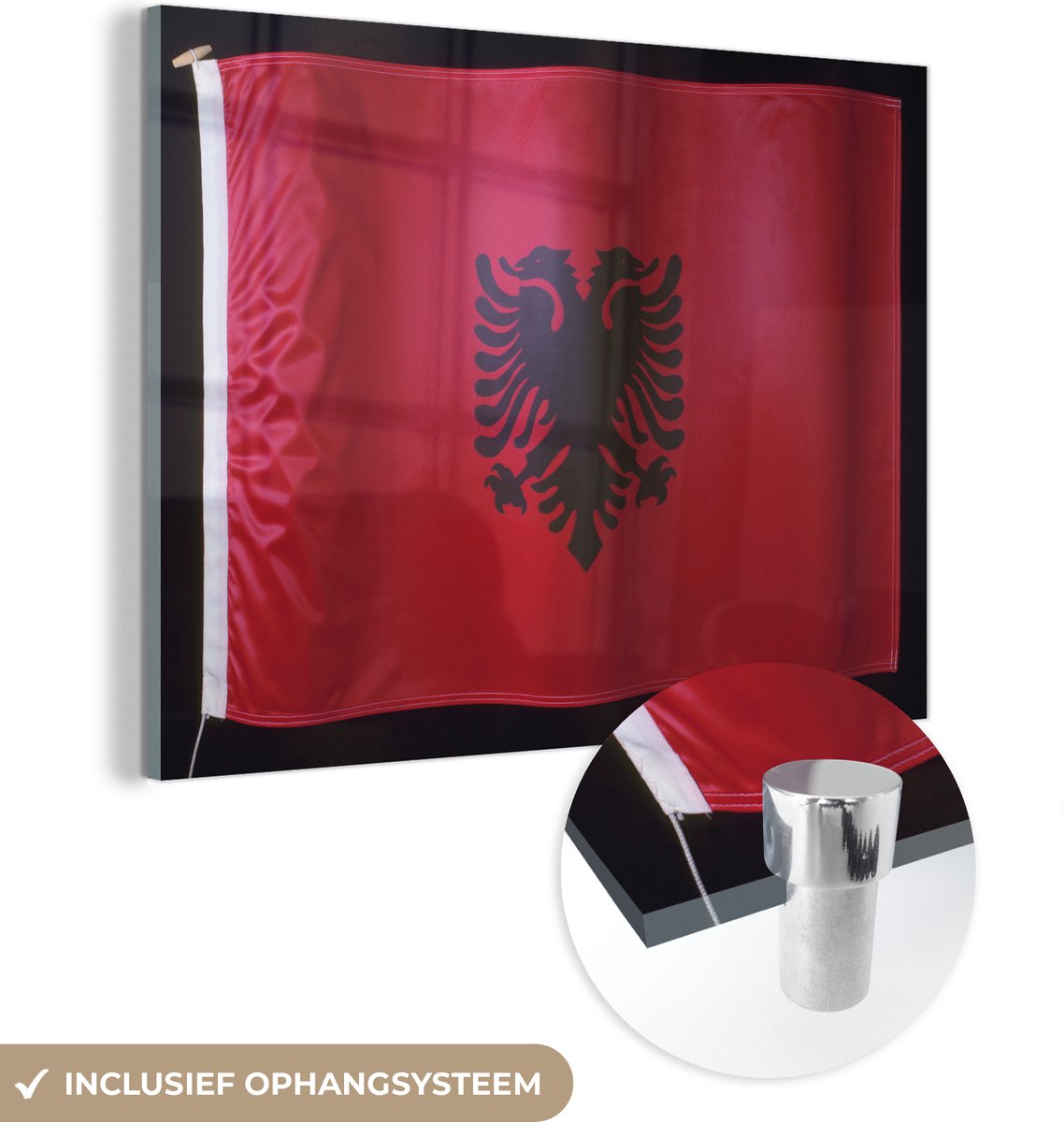 Le drapeau de l'Albanie sur fond noir Plexiglas 160x120 cm - Tirage photo  sur Glas