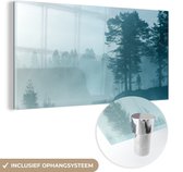 MuchoWow® Glasschilderij 160x80 cm - Schilderij acrylglas - Bos - Licht - Mist - Foto op glas - Schilderijen