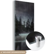 MuchoWow® Glasschilderij 40x80 cm - Schilderij acrylglas - Bos - Mist - Zwart - Wit - Foto op glas - Schilderijen