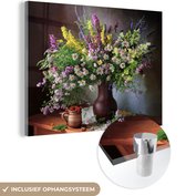 MuchoWow® Glasschilderij 160x120 cm - Schilderij acrylglas - Bloemen - Tafel - Stilleven - Boeket - Vaas - Foto op glas - Muurdecoratie woonkamer - Wanddecoratie slaapkamer - Schilderijen