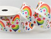 Regenboog Baby Lint 22mm (2,2cm) | Luxe Grosgrain Lint | Ripsband | Eenhoorn Unicorn Love Pride Rainbow | Wit | Cadeau Lint | Verjaardagslint | Geboortelint | Knutselen | Rol: 10 Meter