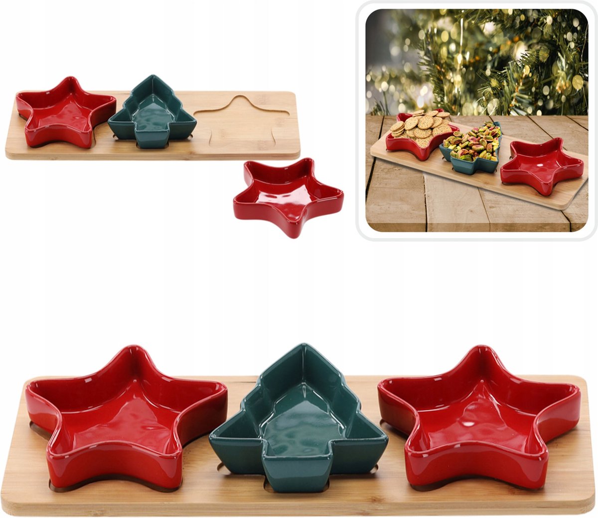 Set voor het serveren van hapjes: ster, kerstboom, kerst servies - 3 kommen