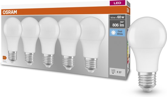 OSRAM LED lamp - Classic A 60 - E27 - mat - 8,5W - 806 lumen - koel wit - 5 stuks