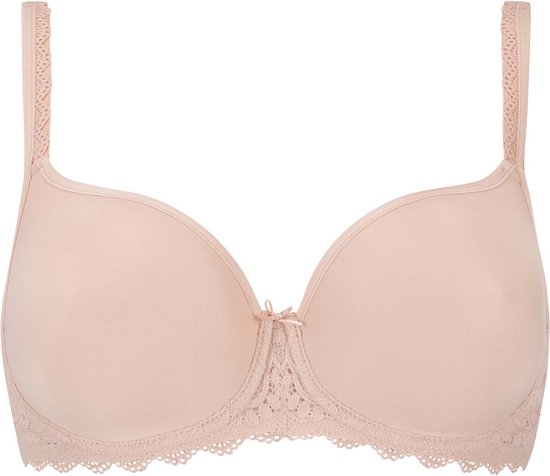 Soutien-gorge armatures nude avec bordure en dentelle et petit nœud au centre.