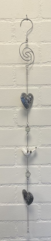 Deco hanger "hart + vogel" met metalen ketting - Zilveren ketting + wit/grijze vogel - lengte 100 cm - Woondecoratie - Woonaccessoires