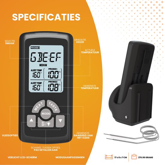 Movi PRO++ - Vleesthermometer - BBQ thermometer – Kamado - Oventhermometer - Vleesthermometer draadloos – Keukenthermometer - Suikerthermometer - Vloeistofthermometer – Barbecue accessoires - Inclusief Batterijen - Kookwekker - Movi