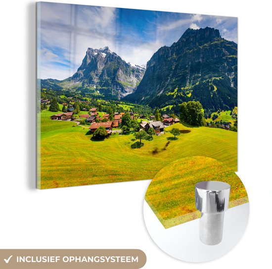 MuchoWow® Glasschilderij 90x60 cm - Schilderij acrylglas - Panoramisch zicht op het dorp Grindelwald en Wetterhorn in Zwitserland - Foto op glas - Schilderijen