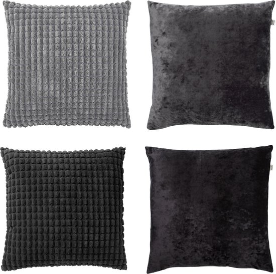 Dutch Decor - Set de 4 coussins décoratifs - Essentials - noir - anthracite - 45x45 cm - avec coussins intérieurs - velours