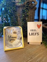 Water-wijnglas met hartje en de tekst I love you + houten kaartje Veel liefs - cadeau - vaderdag - moederdag - verjaardag - Valentijnsdag - liefde - vriendschap