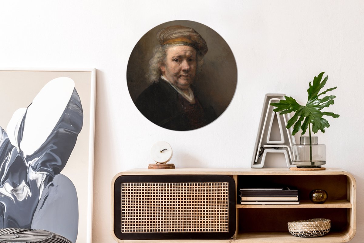 WallCircle® - Behangcirkel 50x50 cm - Muurstickers Zelfportret - Schilderij van Rembrandt van Rijn - Muurcirkel woonkamer - Wandcirkel slaapkamer - Kamer decoratie zelfklevend - Muurdecoratie accessoires