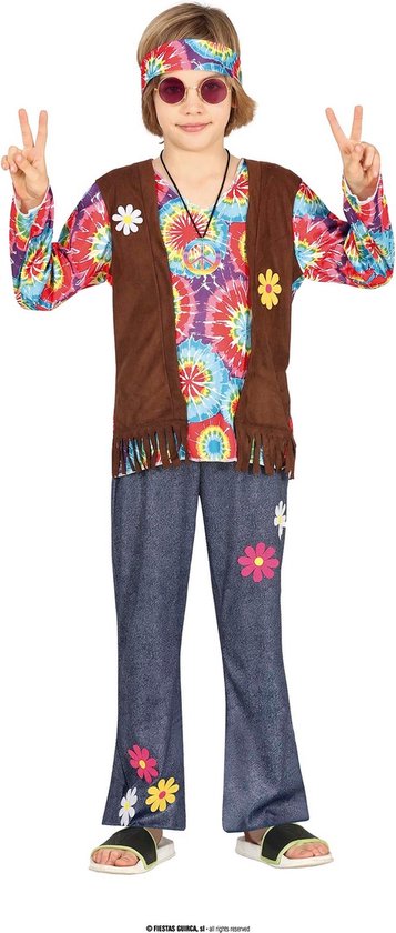 Guirca - Hippie Kostuum - Power To The Flower Hippie Johny - Jongen - Blauw, Bruin, Multicolor - 7 - 9 jaar - Carnavalskleding - Verkleedkleding