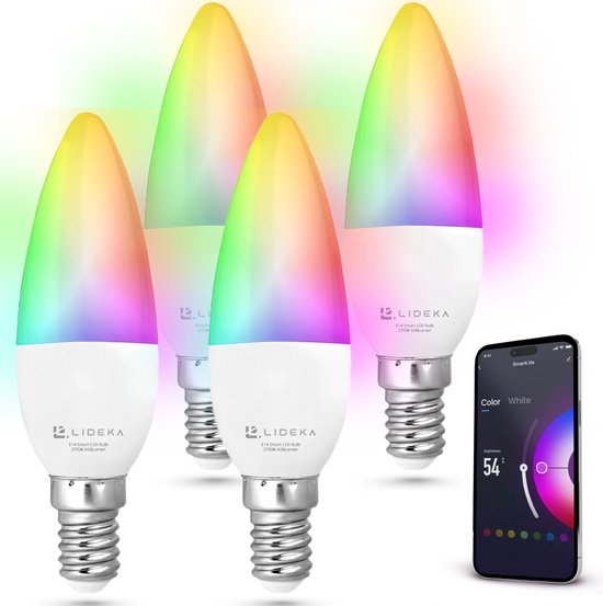 Lideka® - Slimme LED Smart Lampen - E14 - Set Van 4 - RGBW - met App - 6W - 600 Lumen - 2700K - 6500K - Smart LED Verlichting - Dimbaar - Google, Alexa en Siri