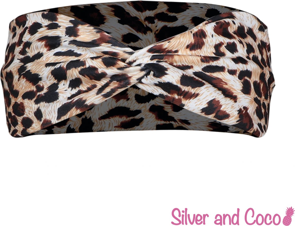 SilverAndCoco® - Gedraaide Haarband Festival Strik Dikke Fluffy Elastische Hoofdband Gedraaid / Geribbelde Brede Boho Vrolijke Zomer Haarbanden Dames / Elastische Meisjes Make up Knoop Bandana Breed - Tijgerprint / Panterprint