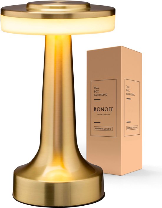 Lampe de Table Bonoff - Lampe Tactile - Rechargeable & Dimmable - 3 Couleurs Différentes - Salon - Sans Fil - Or - Lampe de Nuit