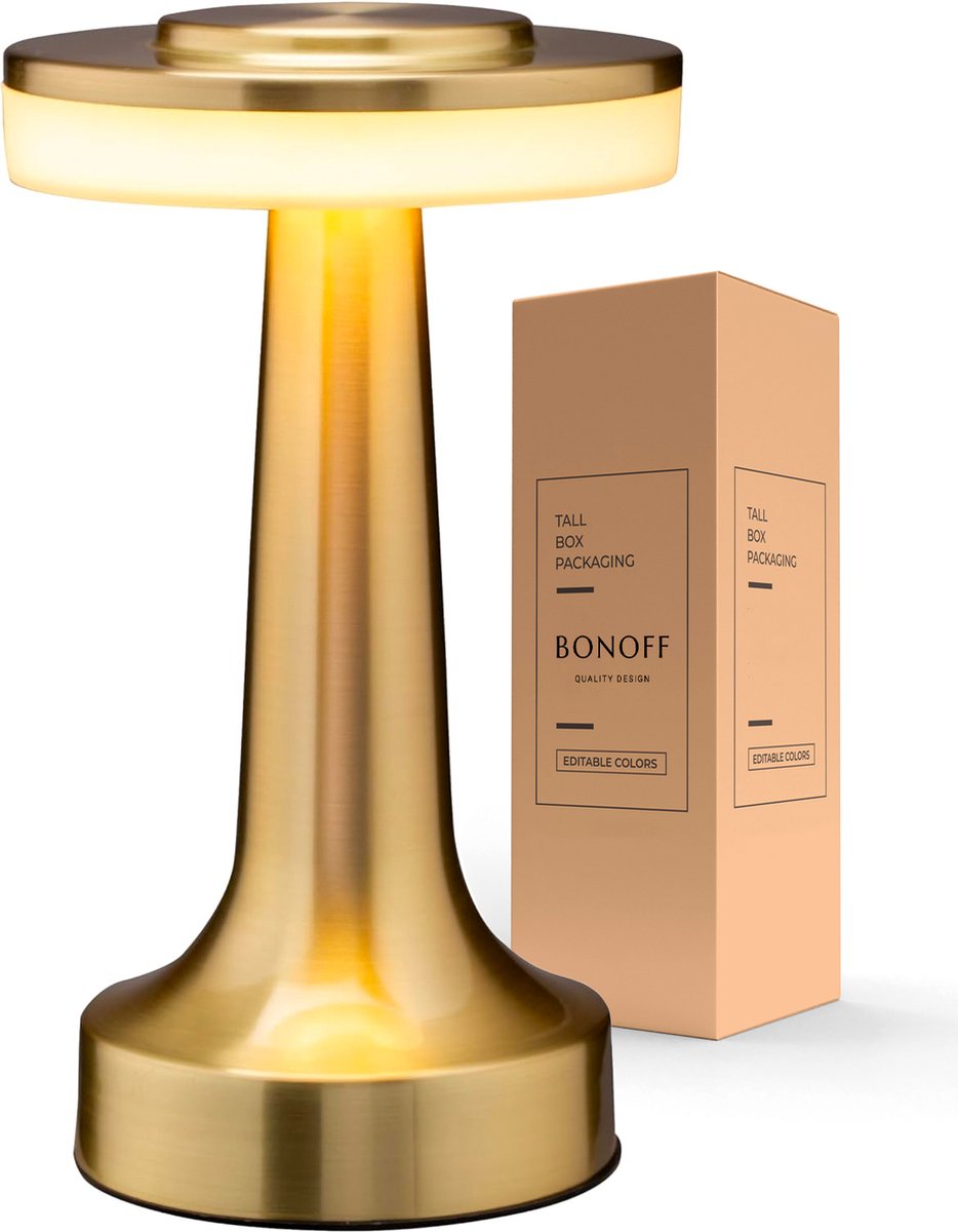 Bonoff Tafellamp - Touch Lamp - Oplaadbaar & Dimbaar - 3 Verschillende Kleuren - Woonkamer - Draadloos - Goud - Nachtlamp
