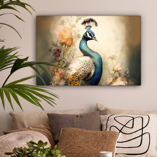 Tableau sur toile Paon - Plumes de paon - Fleurs - Vogels - Botanique - 180x120 cm - Décoration murale XXL