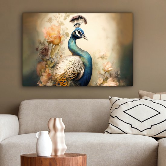 Tableau sur toile Paon - Plumes de paon - Fleurs - Vogels - Botanique - 180x120 cm - Décoration murale XXL