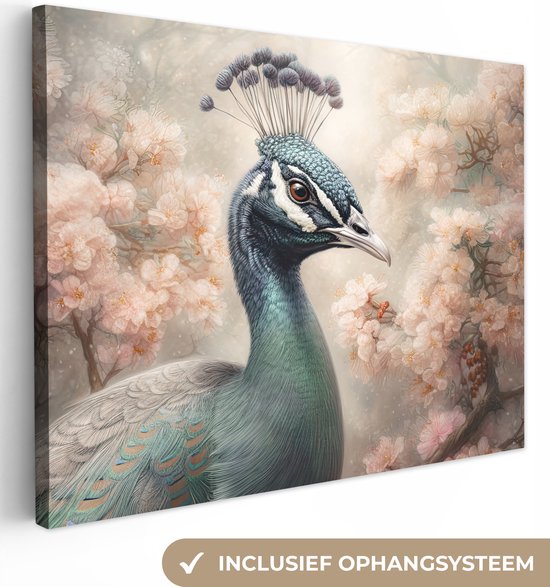 Tableau sur toile Paon - Vogels - Fleurs - Arbre - Botanique - 160x120 cm - Décoration murale XXL
