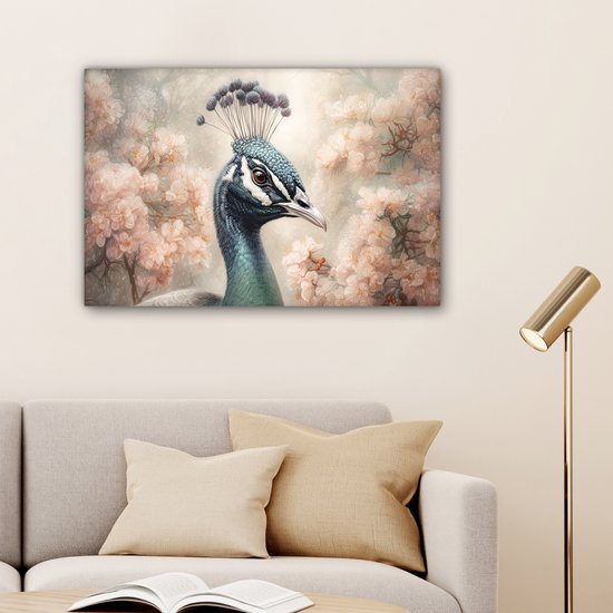 Tableau sur toile Paon - Vogels - Fleurs - Arbre - Botanique - 180x120 cm - Décoration murale XXL