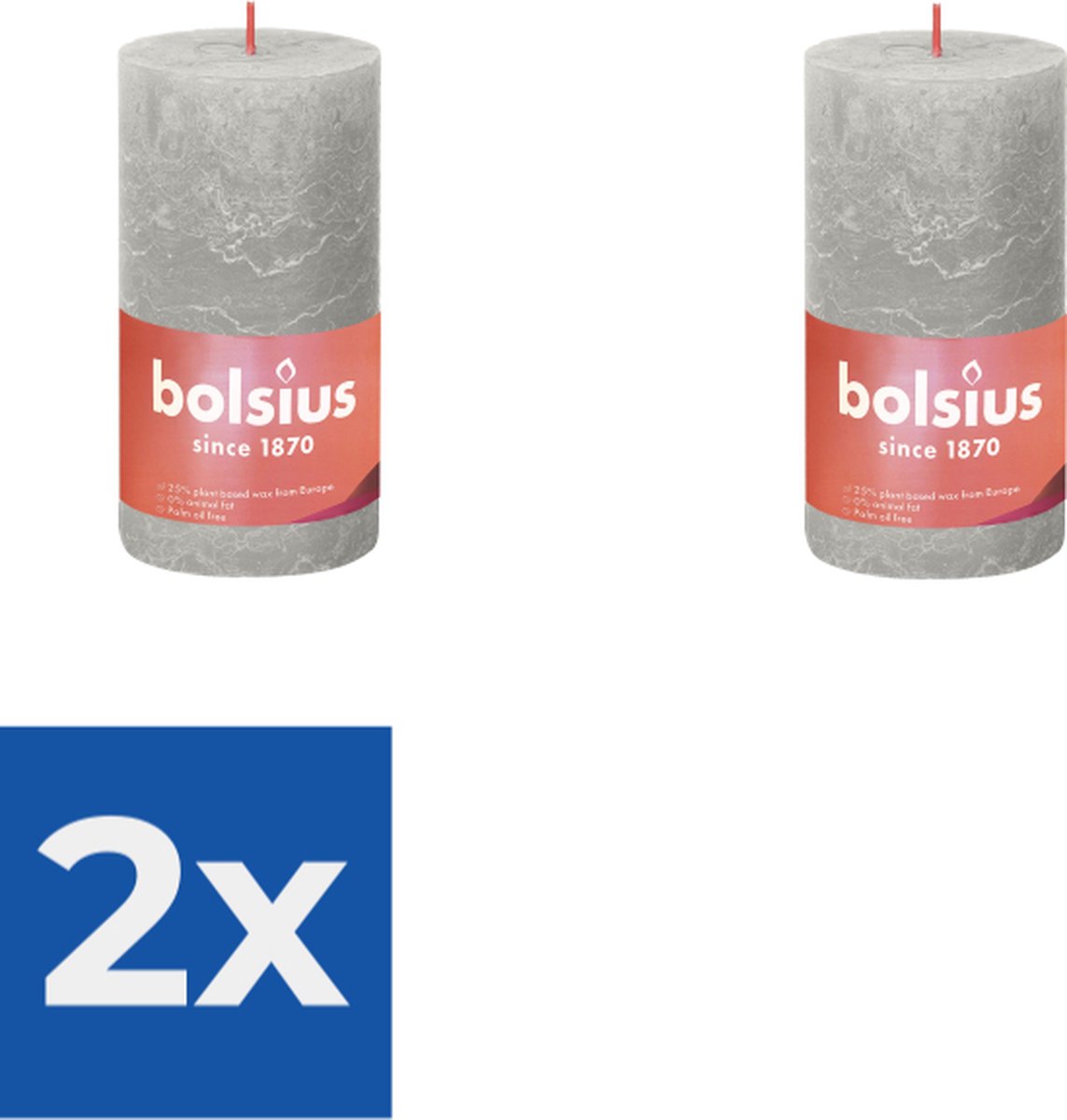 Bolsius Stompkaars Sandy Grey Ø68 mm Hoogte 13 cm Zandgrijs 60 branduren Voordeelverpakking 2 stuks