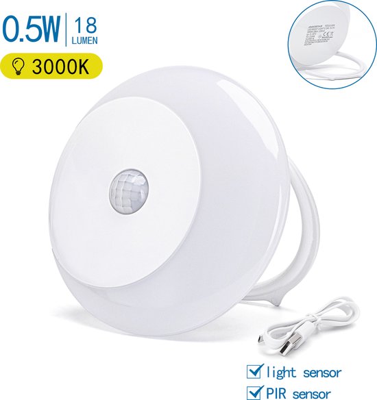 Nachtlampje warmwit oplaadbaar - rond | dag/nacht- & bewegingssensor | 3000K ~ 18 Lumen 0.5 Watt | USB kabel (inclusief)