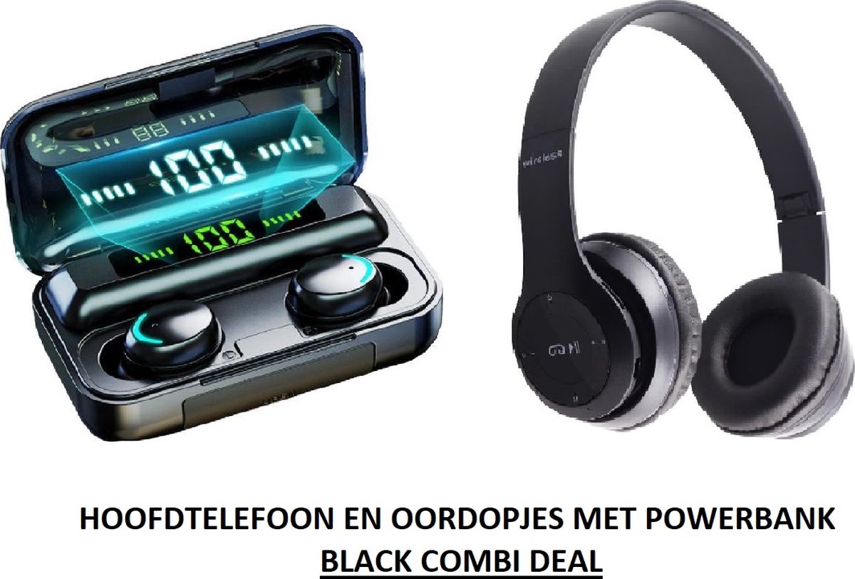 COMBI DEAL: Bluetooth Hoofdtelefoon met oordopjes en powerbank. (zwart) van € 59,89 nu voor € 29,89