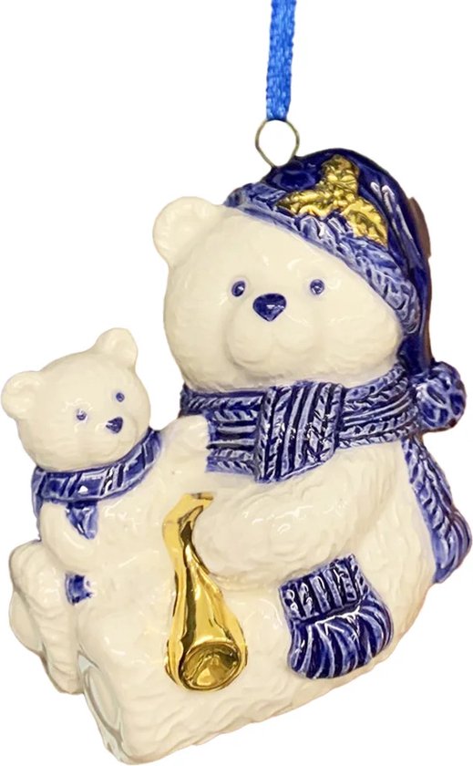 Kerstboom hanger Holland beertjes Delftsblauw en goud bol