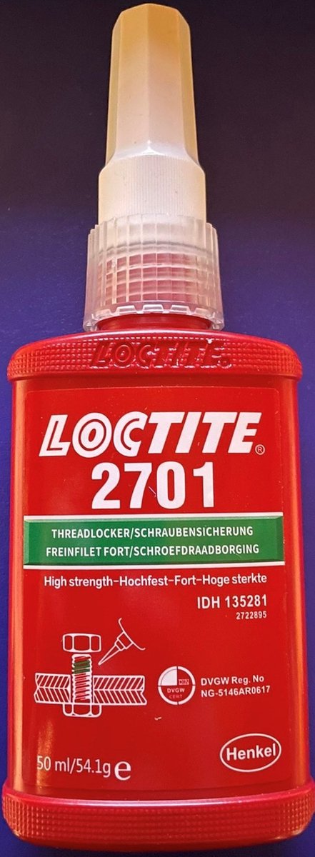 LOCTITE 2701 / 50ML Groen schroefdraadborgmiddel op basis van methacrylaat met hoge sterkte en lage viscositeit, dat fluoresceert onder uv-licht om controle mogelijk te maken