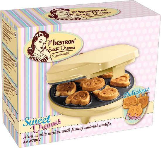 Verpakking van Bestron 'Sweet Dreams' mini koekjesmaker met een geel wafelijzer in dierenvormpjes. Zijkant toont 'Delicious Homemade Cookies'.